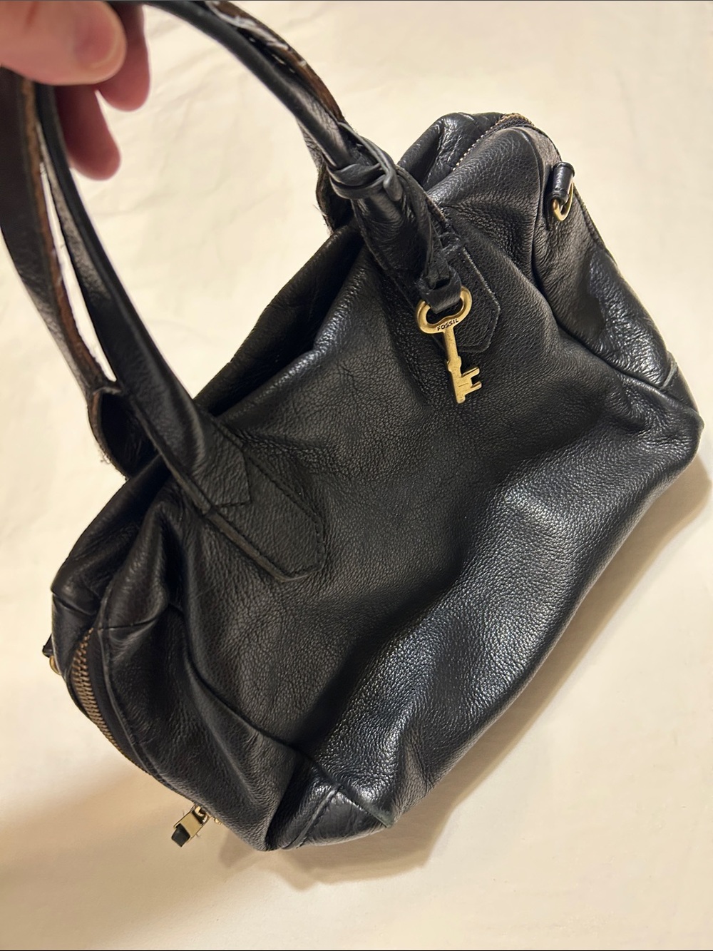 Classic Black Leather Satchel Bag with Gold Key Accent